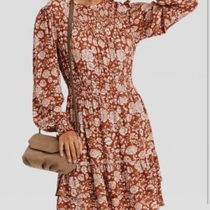 Medium - Womens Long Bishop Sleeve Smocked Dress - Knox Rose - Rust Floral
